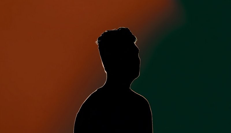 [Backlit black silhouette of a person gazing upward against a split burnt orange and deep green gradient background]