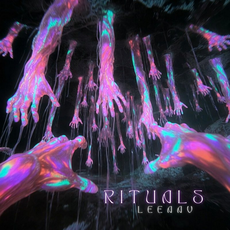 Psychedelic "Rituals" album art showing glowing iridescent hands descending from a dark shadowy c...