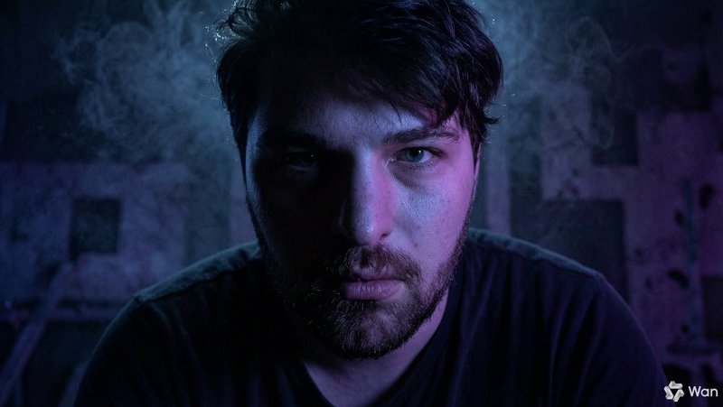 Intense close-up portrait of a bearded dark-haired man, lit with moody blue-purple lighting again...