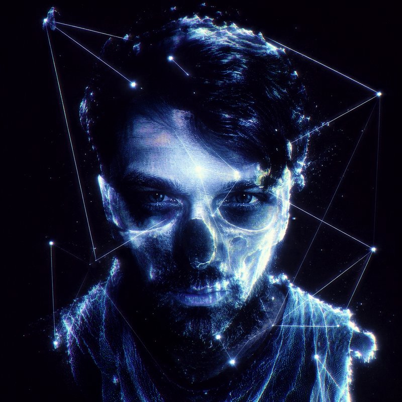 Glowing glitch hologram portrait of a bearded man with overlapping x-ray skull, connected constel...