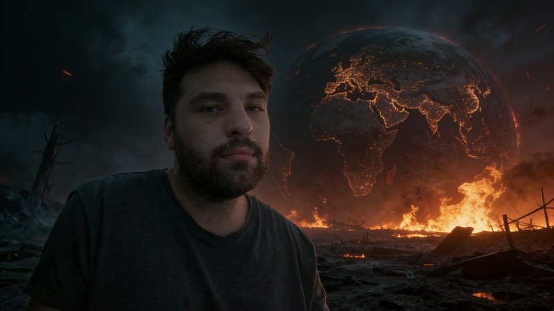Bearded man stands in a burning post-apocalyptic wasteland, as a glowing fiery Earth globe looms ...