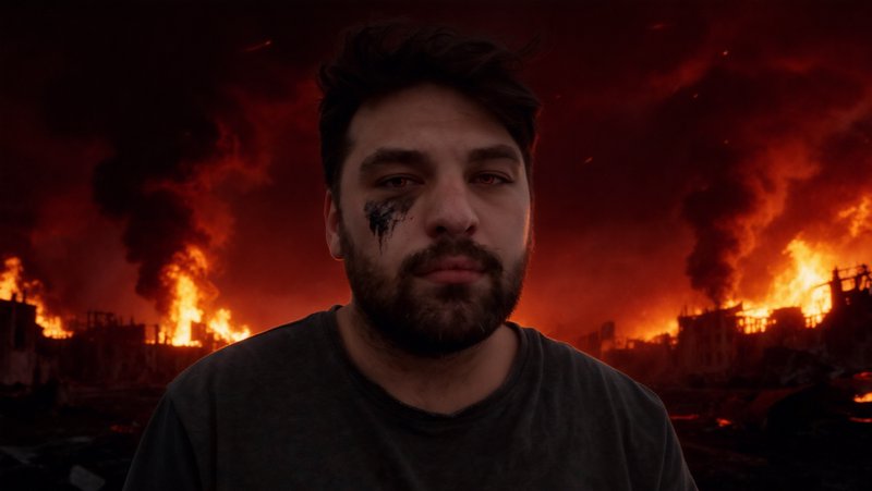 Bearded survivor with a soot smudge under his eye stands before a burning apocalyptic cityscape under a fiery red sky.