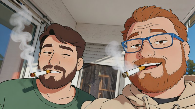 Cartoon illustration of two bearded men smoking cigarettes while relaxing together on a sunny residential porch.