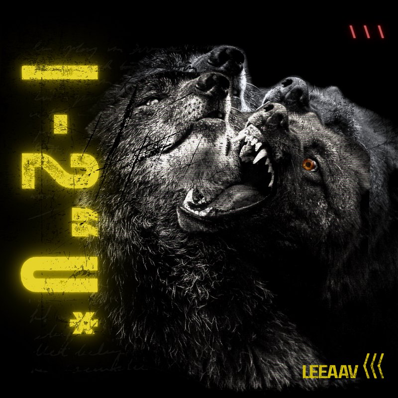 Grunge album cover with a snarling multi-headed wolf, glowing neon yellow text, on a dark black t...