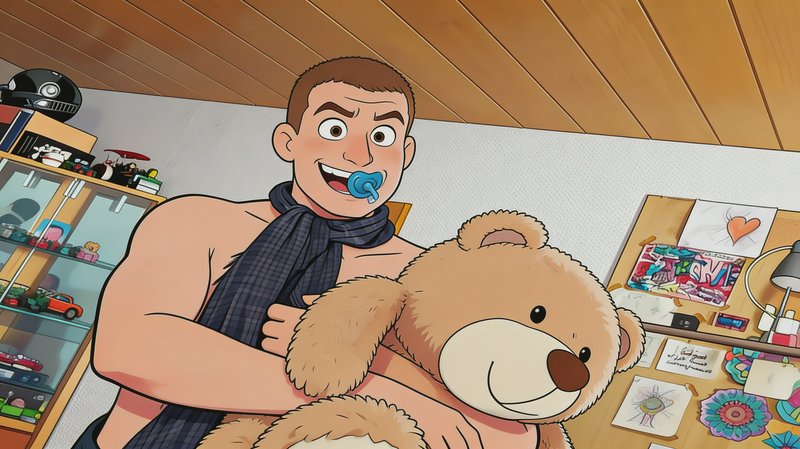 Anime-style cartoon of a grinning muscular man wearing a pacifier, holding a large fluffy teddy bear.