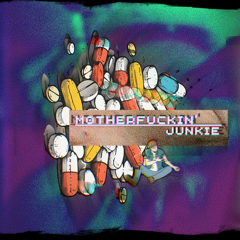 Glitch digital illustration of assorted medication pills, seated figure, retro pixel text on purp...