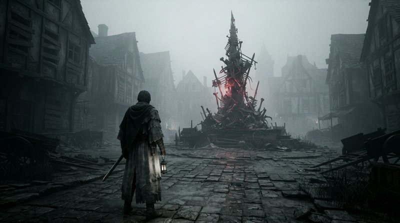 Cloaked warrior with sword and lantern faces glowing bone spire in a foggy abandoned medieval tow...