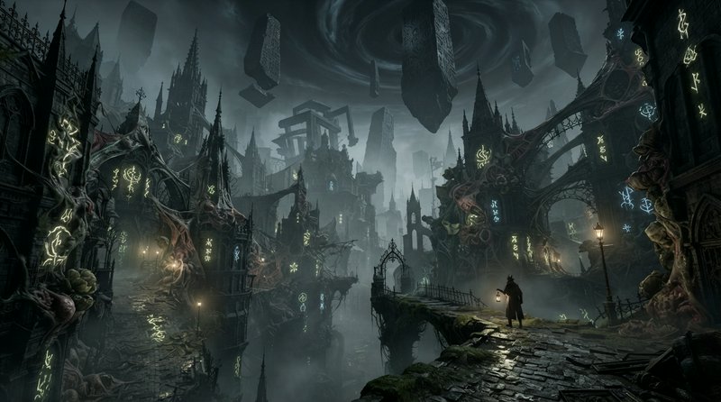 Lone hooded lantern holder stands on a stone bridge overlooking a misty dark gothic fantasy city ...