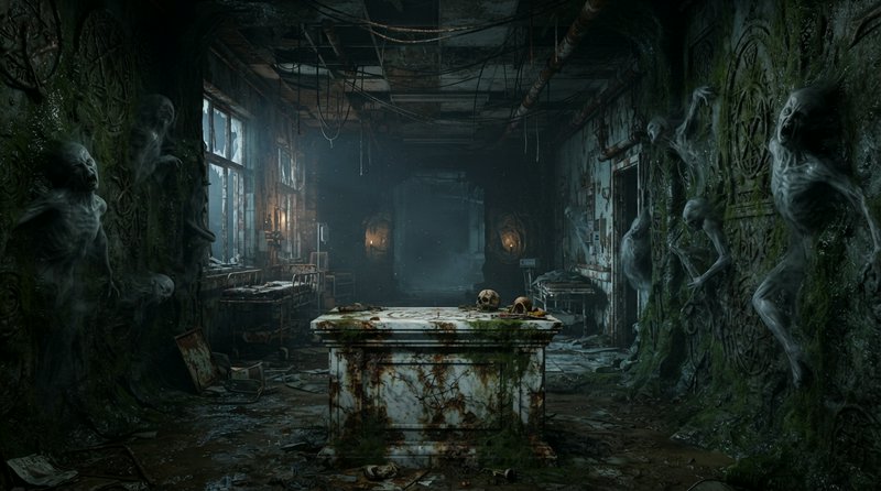 Derelict abandoned asylum room with ghostly humanoid figures, central mossy altar topped with hum...