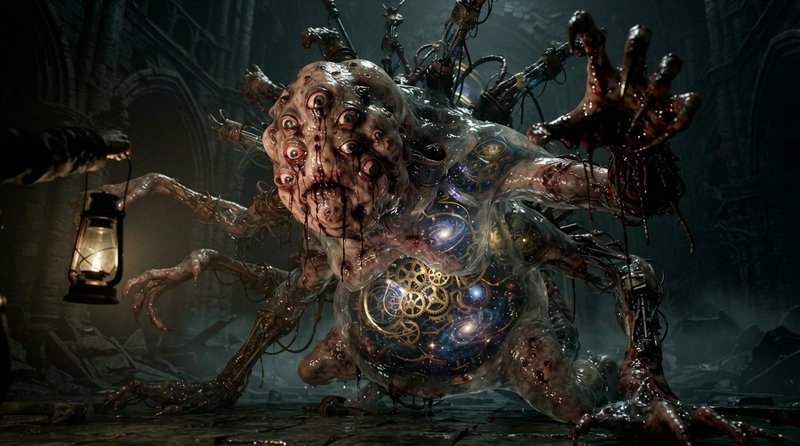 Grotesque multi-eyed eldritch monster menaces a lantern-holding explorer inside dark crumbling go...