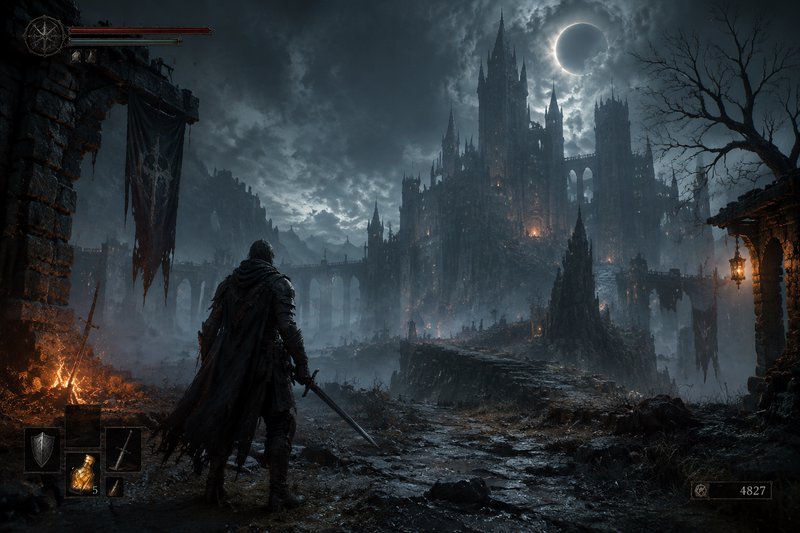 Soulslike dark fantasy RPG screenshot, armored knight with sword facing a crumbling gothic castle...