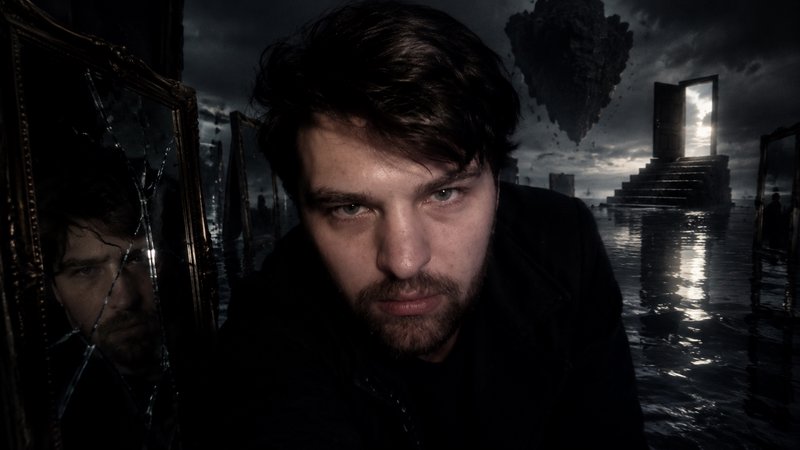 Close-up of a serious bearded man in a dark surreal flooded landscape, with a cracked mirror and ...