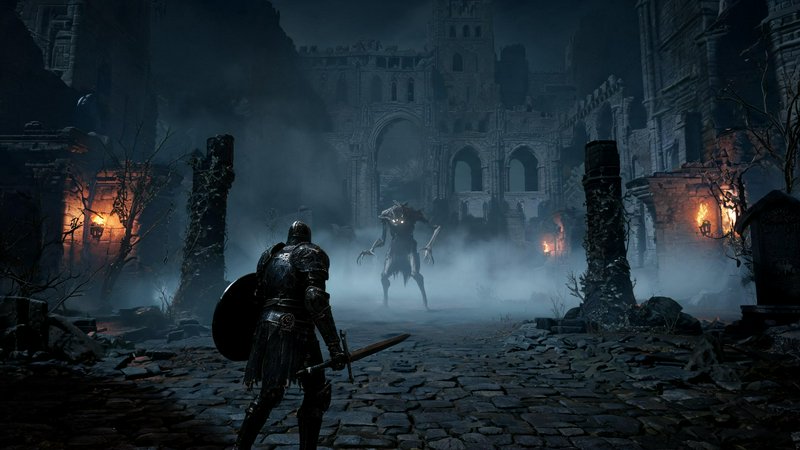 Armored knight with sword and shield faces a glowing undead monster in a misty ruined gothic cast...