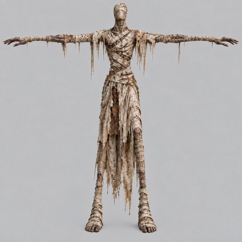 Tall tattered ancient mummy standing with outstretched arms against a plain gray background