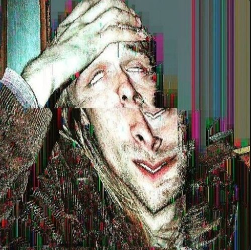 Digitally glitched portrait of a man with duplicated facial features holding his hand to his forehead