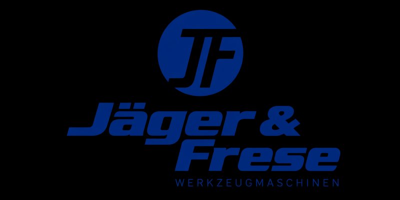 Jäger & Frese Werkzeugmaschinen blue corporate logo displayed on a solid black background