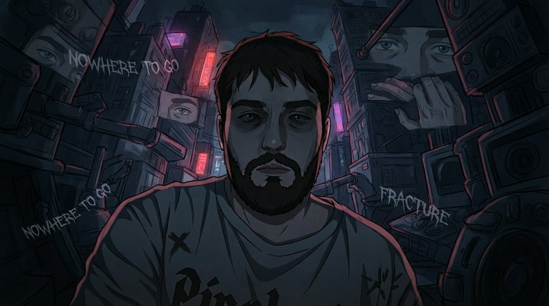 Tired bearded man stares out from a dystopian cyberpunk city full of surveillance cameras and bil...