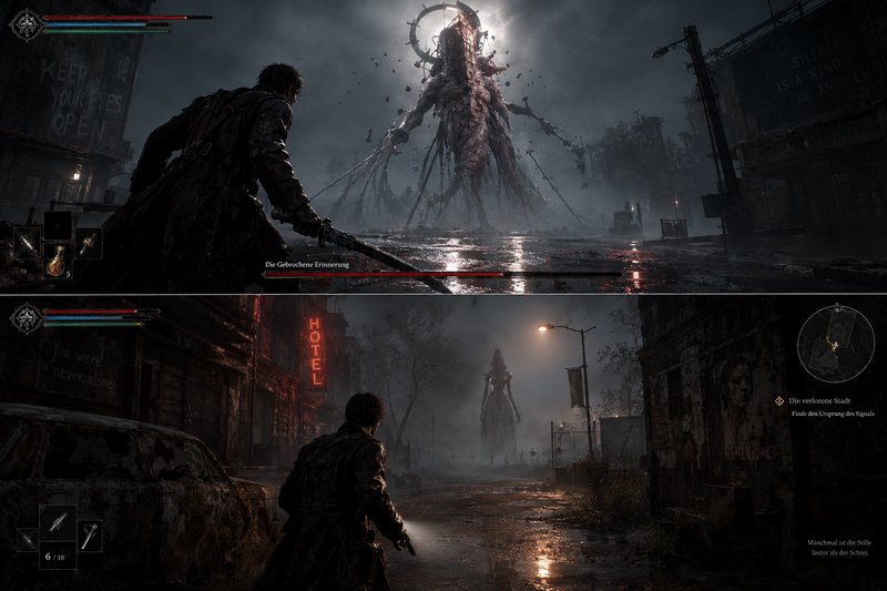 Split screen soulslike horror game screenshot showing two boss encounters in a foggy ruined city