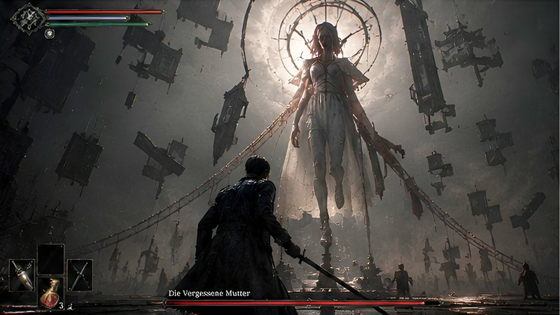 Armed player faces a towering haloed celestial boss in a grimdark soulslike video game boss battle