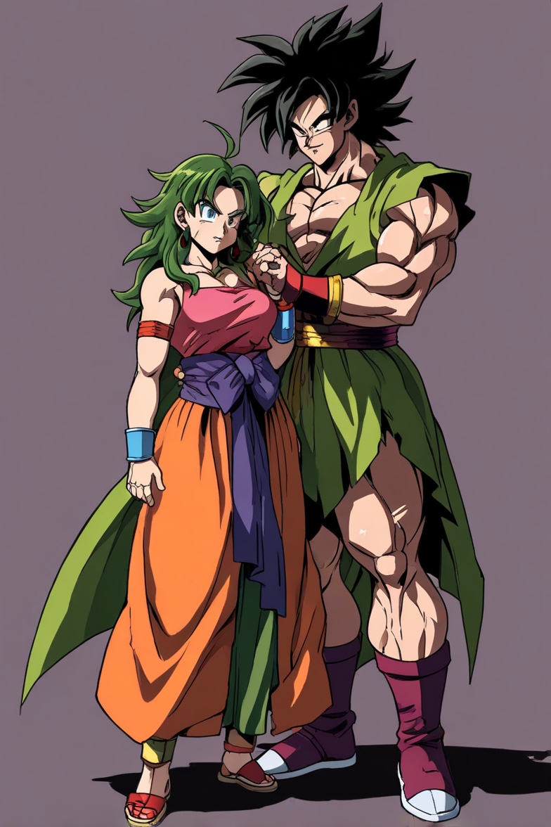 Dragon Ball characters Gohan and Pan posing together; muscular man in a green gi beside a girl with green hair and colorfu...
