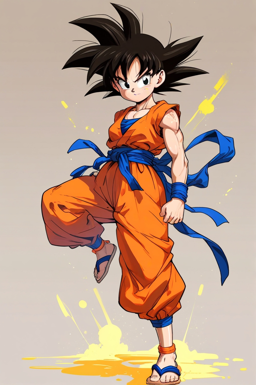 Young Goku from Dragon Ball in orange gi with blue belt, standing in a dynamic action pose.