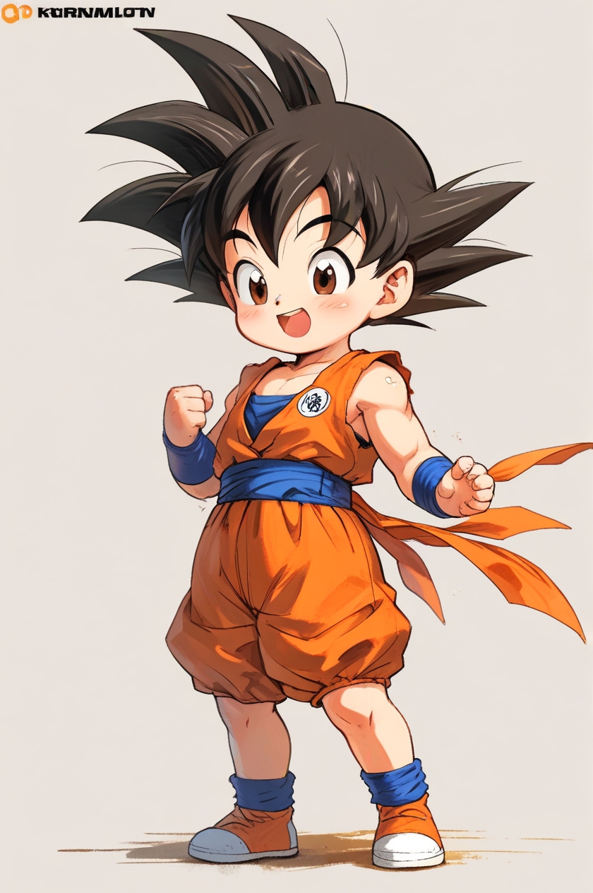 Chibi young Goku in orange gi with blue sash, spiky black hair, and cheerful pose.