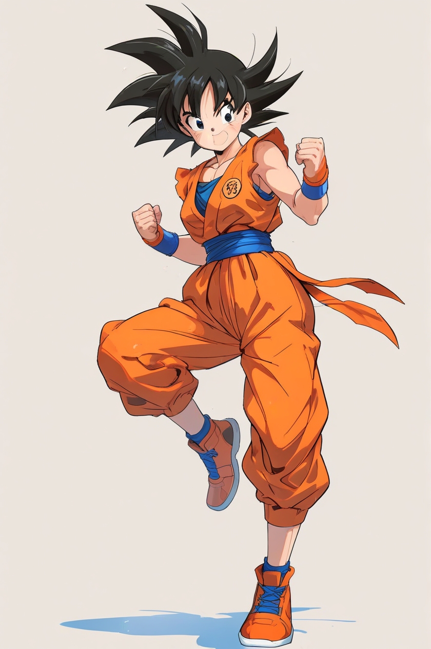 Goku in orange gi mid-air kick with blue belt, anime action pose.