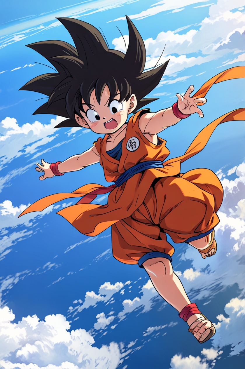 Goku from Dragon Ball flying joyfully in an orange gi against a bright blue sky.