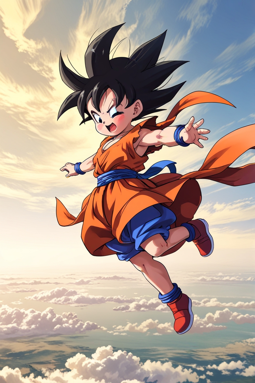 Young Goku from Dragon Ball leaping through a cloudy sky in an orange martial arts gi.