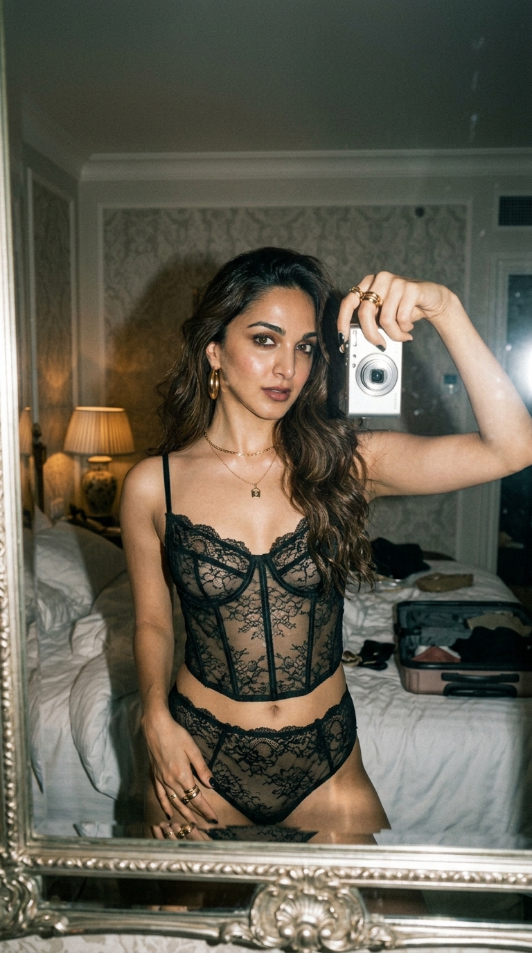 Bollywood actress Kiara Advani takes mirror selfie in black lace corset lingerie in a luxury hotel bedroom.