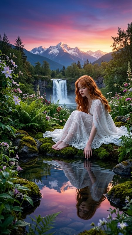 Red-haired woman in a white lace dress sits by a waterfall amid wildflowers at sunset.