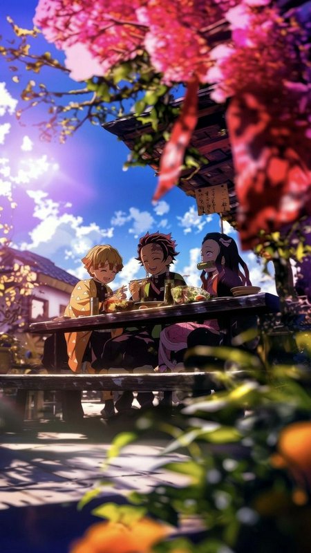 Three anime characters sitting at a wooden table outdoors under pink cherry blossoms.