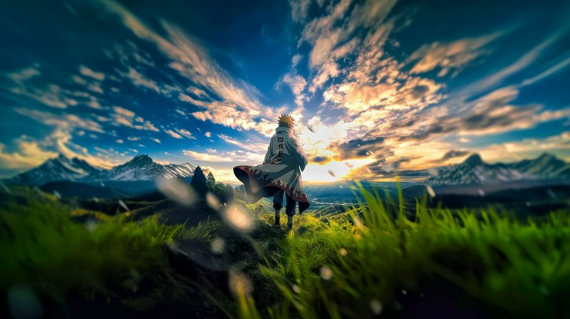 Anime-style character in a cloak stands on a grassy hill with mountains at sunset.