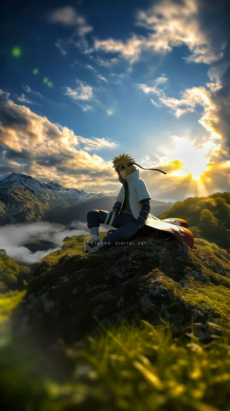 Naruto cosplay figure sitting on a rocky mountain at sunrise with dramatic clouds.