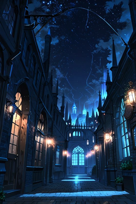 Night gothic alley with blue-lit windows, starry sky, and magical glow along cobblestone street.