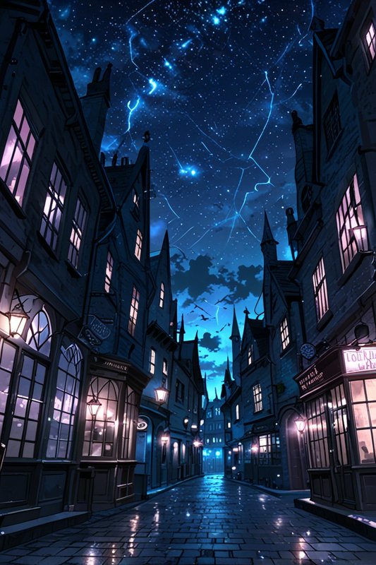 Nighttime alley with tall old buildings, glowing windows, and a starry, lightning-lit blue sky.