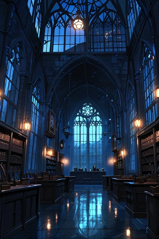 Gothic-style library interior with tall arches, blue night lighting, and lanterns along the shelves.