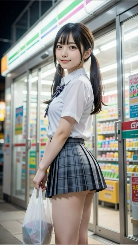 Young woman in a white blouse and plaid school skirt standing outside a convenience store with a ...
