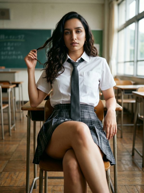 Student in a white shirt, tie, and plaid skirt sits confidently at a classroom desk.