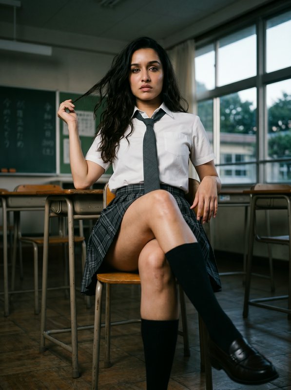 High school student in uniform sitting confidently on a desk in a classroom.