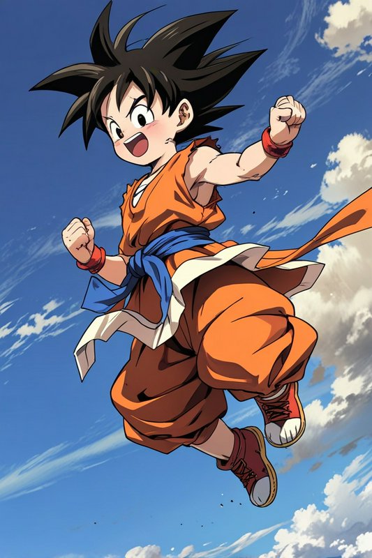 Young Goku from Dragon Ball jumping in orange gi against a blue sky