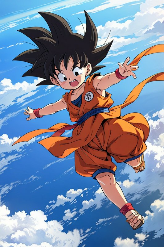 Goku from Dragon Ball flying joyfully in an orange gi against a bright blue sky.