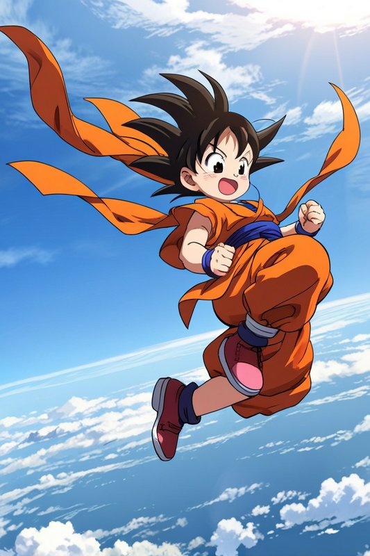 Young Goku leaping through the sky in an orange gi with scarf.