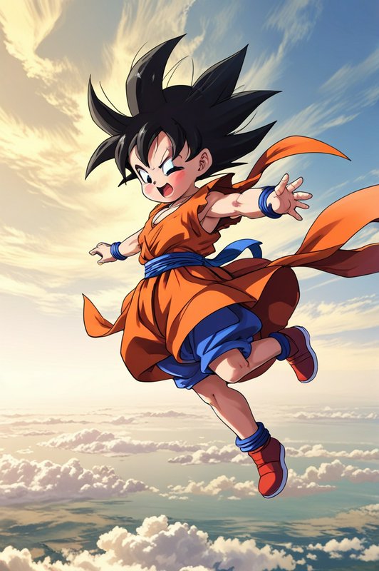 Young Goku from Dragon Ball leaping through a cloudy sky in an orange martial arts gi.