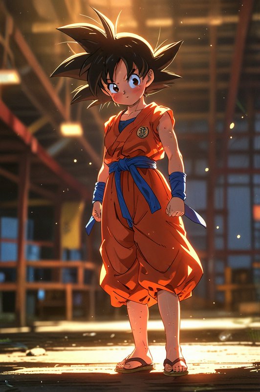 Young Goku from Dragon Ball in orange gi with blue belt, standing in a sunlit wooden dojo.