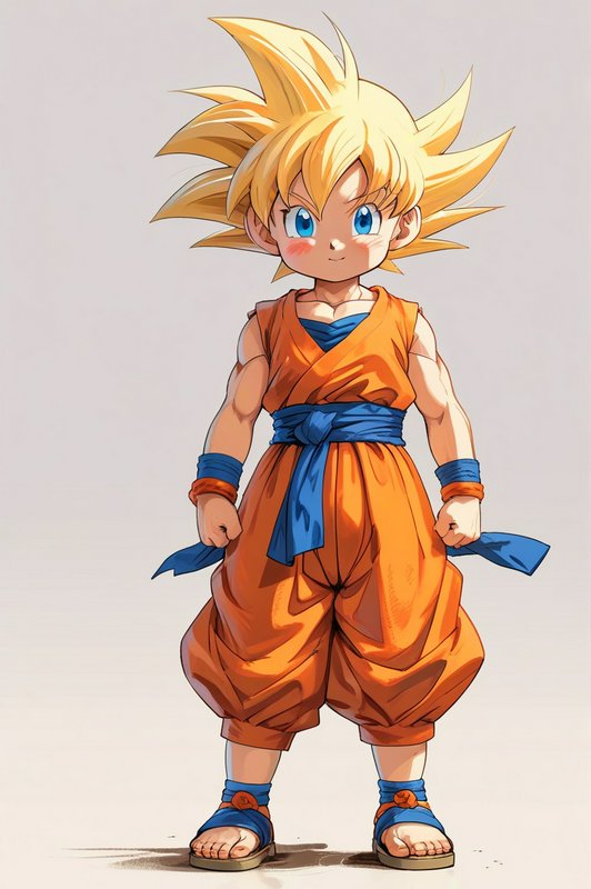Chibi Kid Goku in orange martial arts gi with blue belt and wristbands, spiky blond hair.