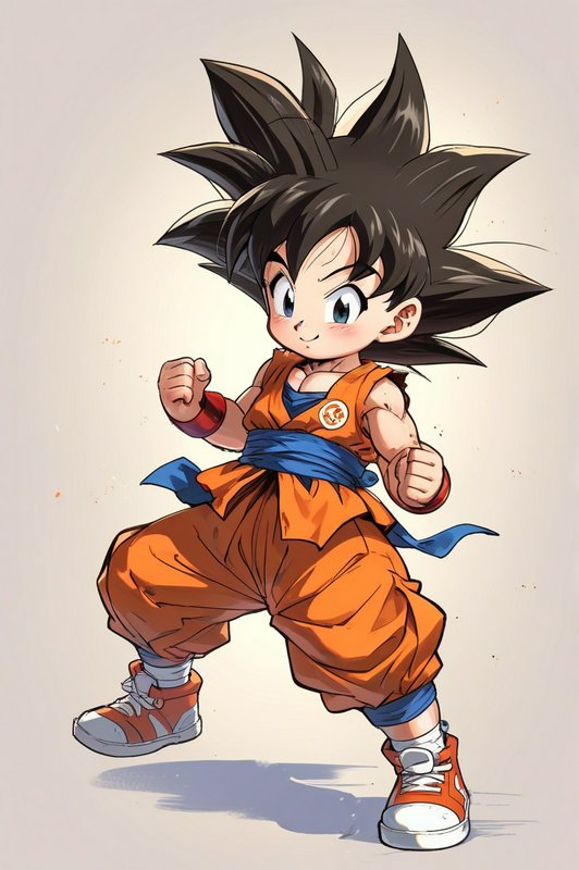 Chibi young Goku from Dragon Ball in orange gi with blue belt, posed for battle.