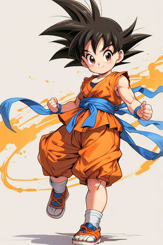 Young Goku from Dragon Ball in orange gi with blue sash, running with a determined pose.