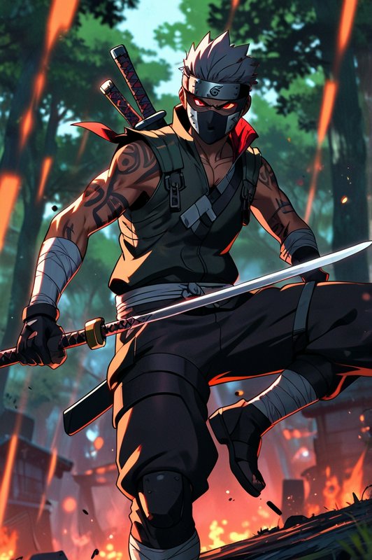Dynamic masked ninja warrior with two katanas in a fiery forest battle scene.