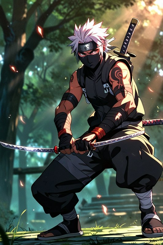 Anime-style ninja with white spiky hair and a face mask wielding dual swords in a forest.